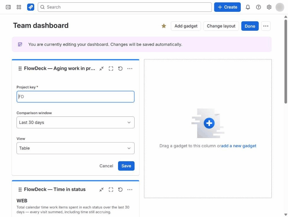 Setting up the FlowDeck aging work in progress gadget on a Jira dashboard: entering a project key, saving, and the aging table that appears.